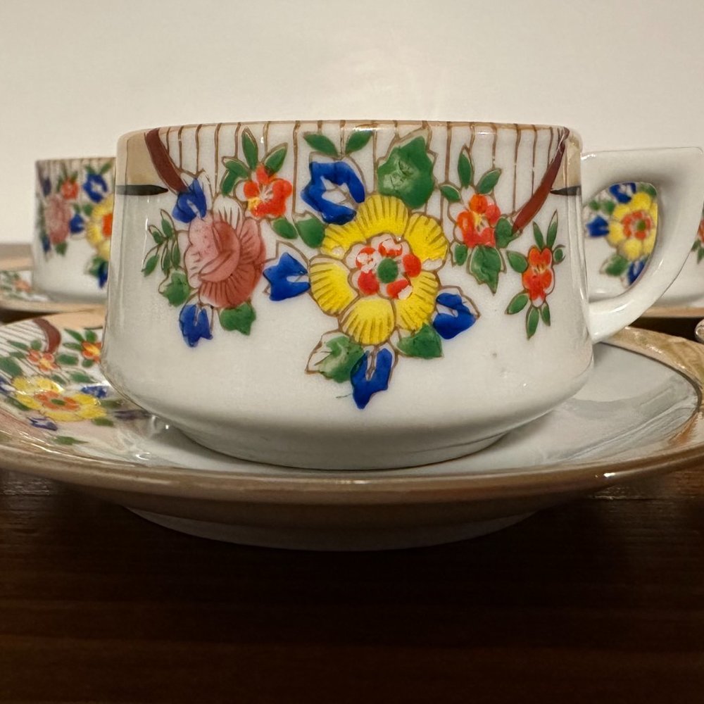 Antique Lusterware Demitasse Set Of 5, Japanese Hand-Painted